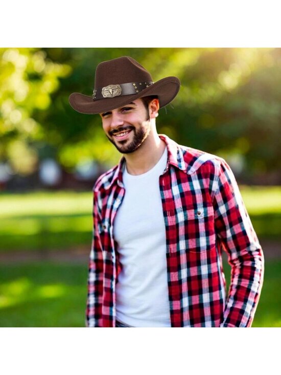 Women 01-Brown Western Cowboy Hat with Bull Charm Leather Band Style (Size:S-M) main image 5